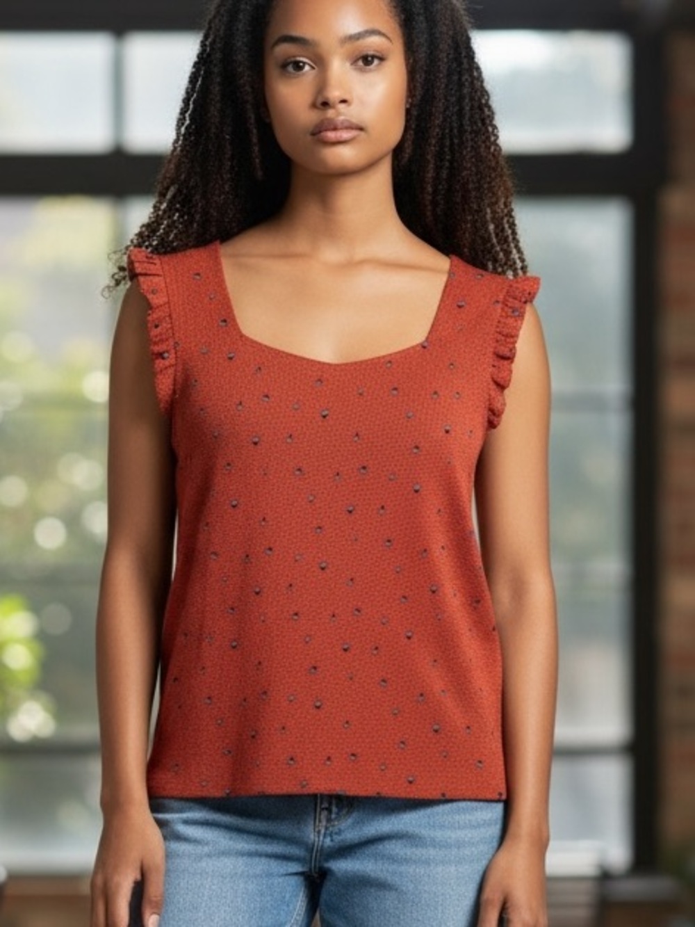 Rust Dot Ruffle-Sleeve Tank Top - Picture 1 of 8